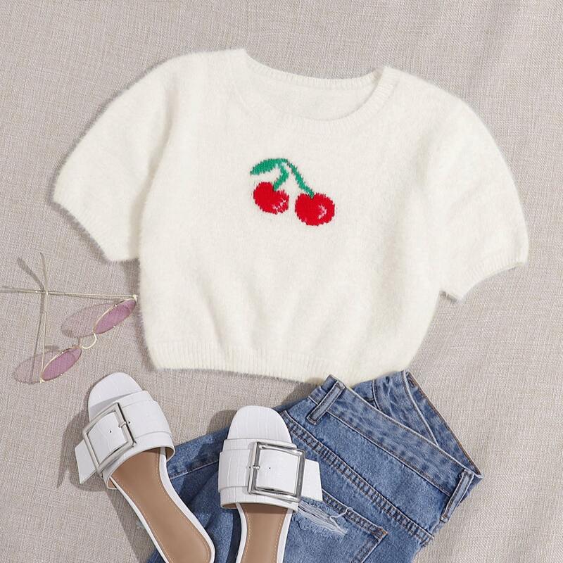 

Cherry Fuzzy Knit Crop Top, White