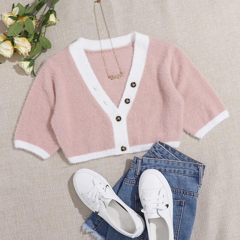 

Button Front Crop Fuzzy Cardigan, Dusty pink