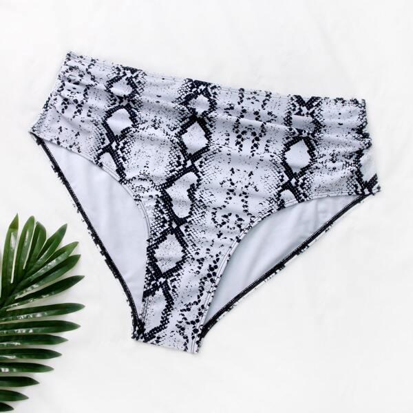 

Plus Snakeskin Ruched High Waisted Bikini Panty, Black and white