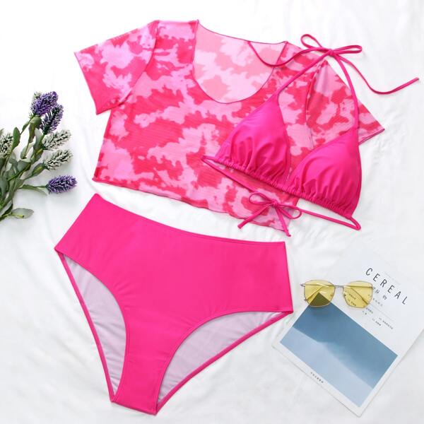 

3pack Plus Tie Dye Triangle Co-ord Bikini Swimsuit, Hot pink bright