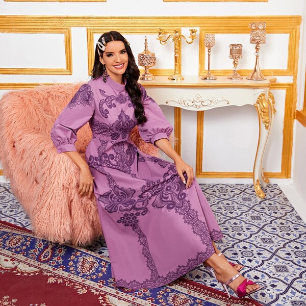 

Tribal Print Mock Neck Dress, Purple