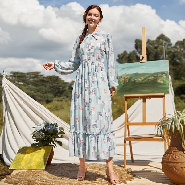 

Floral Print Frill Trim Shirt Dress, Multicolor