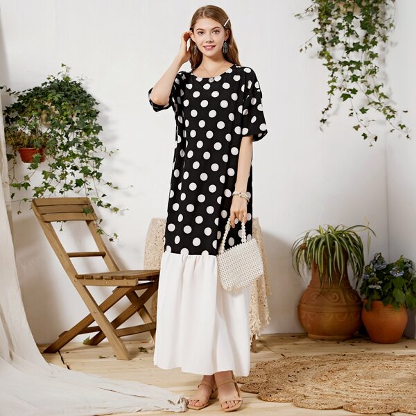

Polka Dot Colorblock Smock Dress, Black and white
