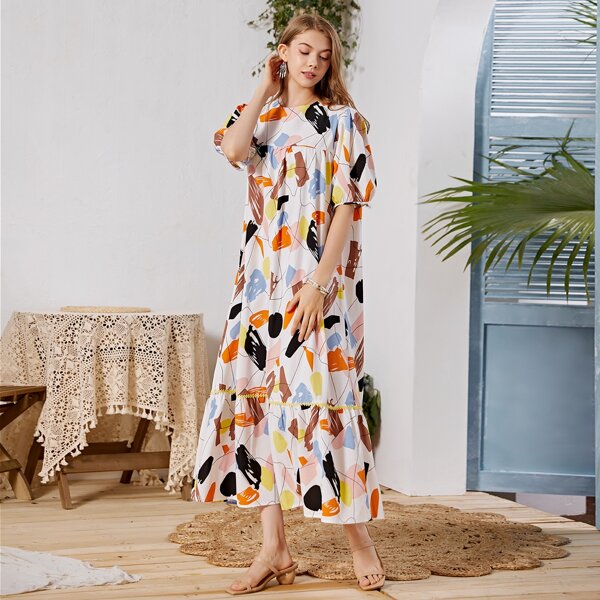 

Multi-Color Brush Print Ruffle Hem Smock Dress, Multicolor