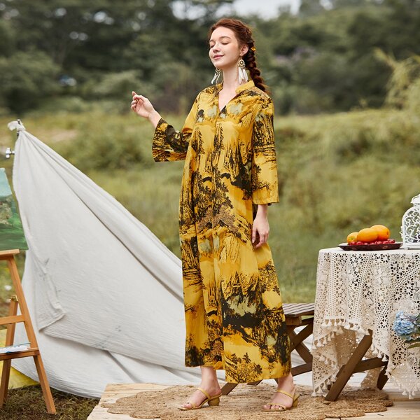 

Landscape Print Notched Neck Dress, Multicolor