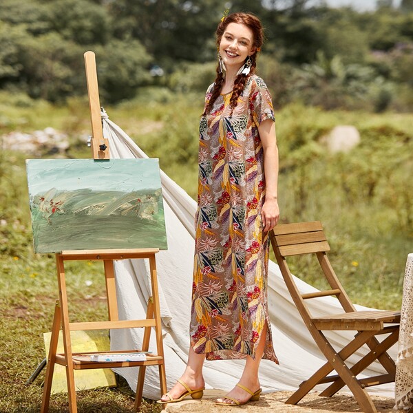 

Plant Print Split Hem Tunic Dress, Multicolor