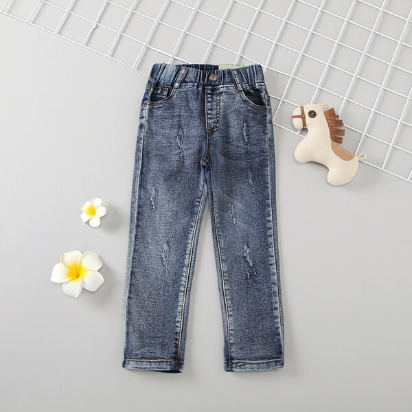 

Toddler Boys Ripped Detail Elastic Waist Jeans, Medium wash