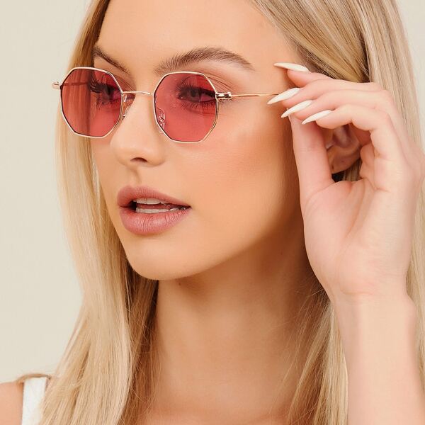 

Octagon Metal Frame Colored Sunglasses, Red