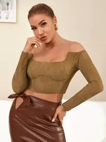 SHEIN 挖肩合身pu皮革上衣 - 棕色 - 查看 1