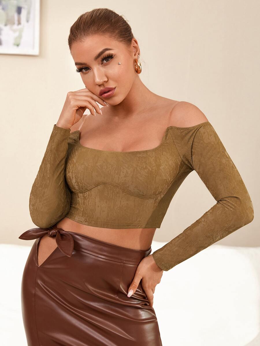 SHEIN 挖肩合身pu皮革上衣 - 棕色 - 查看 1