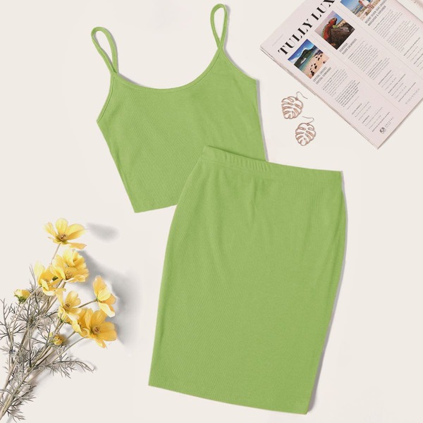 

Solid Rib-knit Cami Top & Skirt Set, Lime green