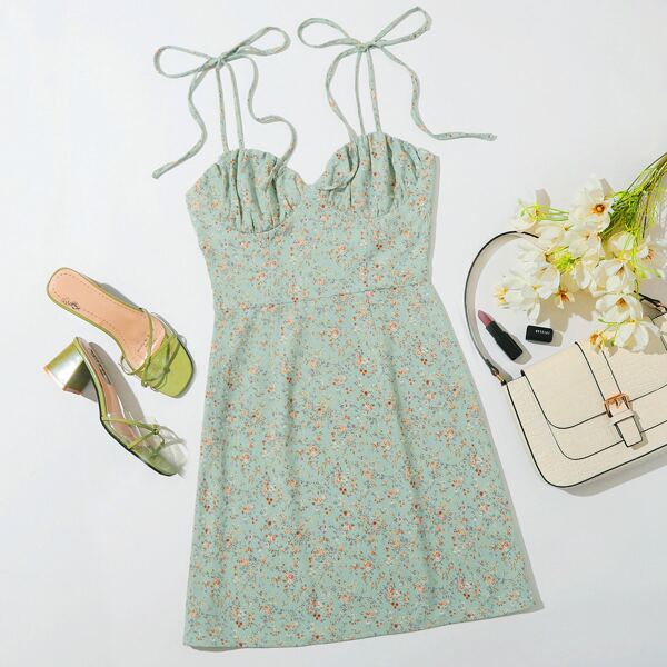 

Tie Shoulder Ruched Bust Ditsy Floral Dress, Pastel mint green