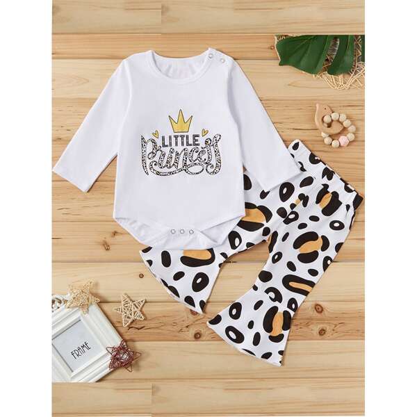 

Baby Girl Letter Graphic Bodysuit With Flare Leg Pants, White