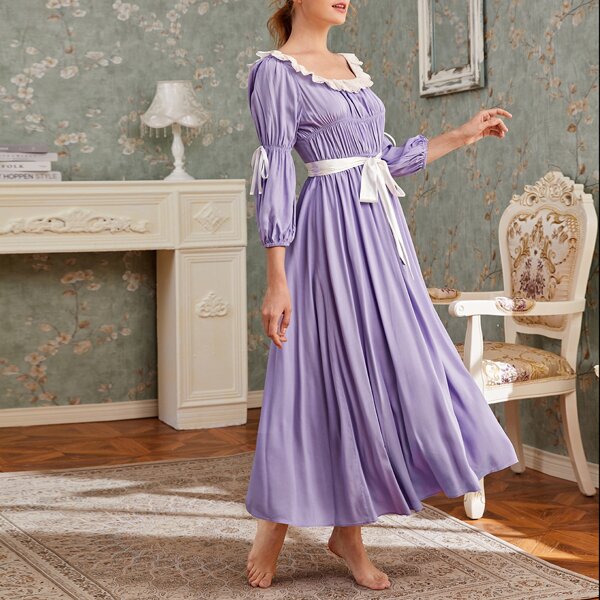 

Lantern Sleeve Contrast Schiffy Trim Ruched Detail Belted Nightdress, Lilac purple