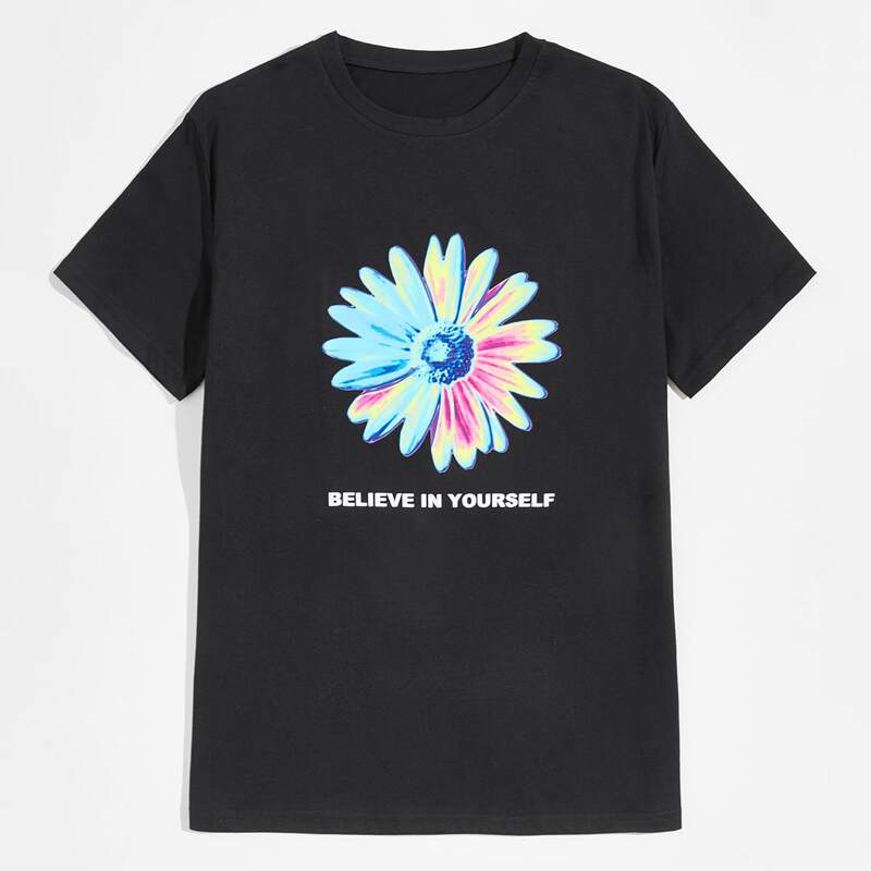 

Guys Floral & Slogan Graphic Tee, Black