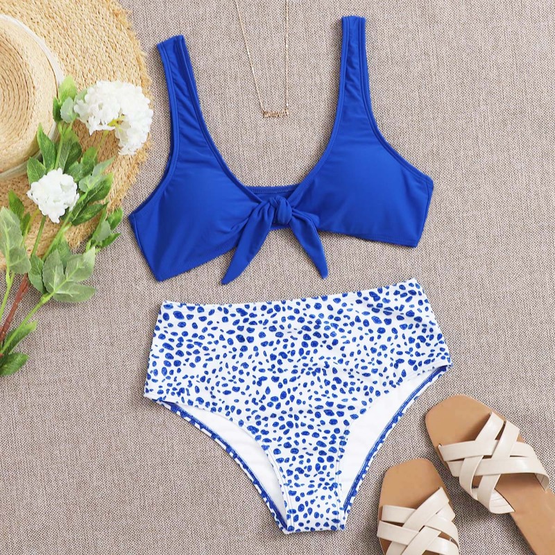 

Dalmatian Knot Front High Waisted Bikini Swimsuit, Multicolor