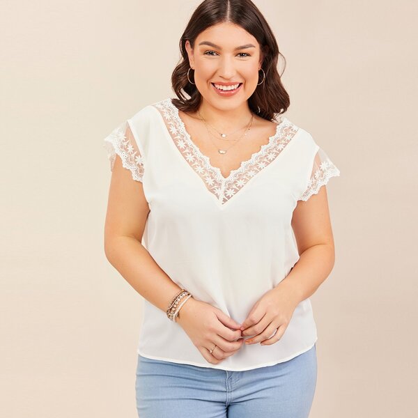 

Plus Double V Neck Embroidered Mesh Trim Solid Top, Beige