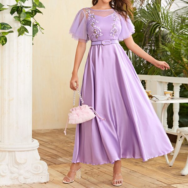 

Embroidered Mesh Yoke Satin Maxi Dress With Belt, Purple bright