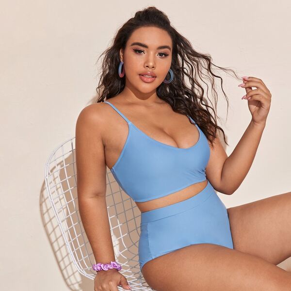 

Plus Plain High Waisted Bikini Swimsuit, Blue