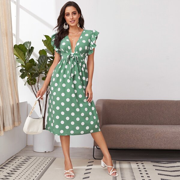 

Plunging Neck Ruffle Armhole Self Belted Dress, Mint green