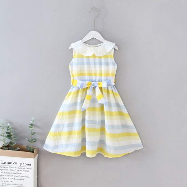 

Girls Peter Pan Collar Striped Belted A-line Dress, Multicolor