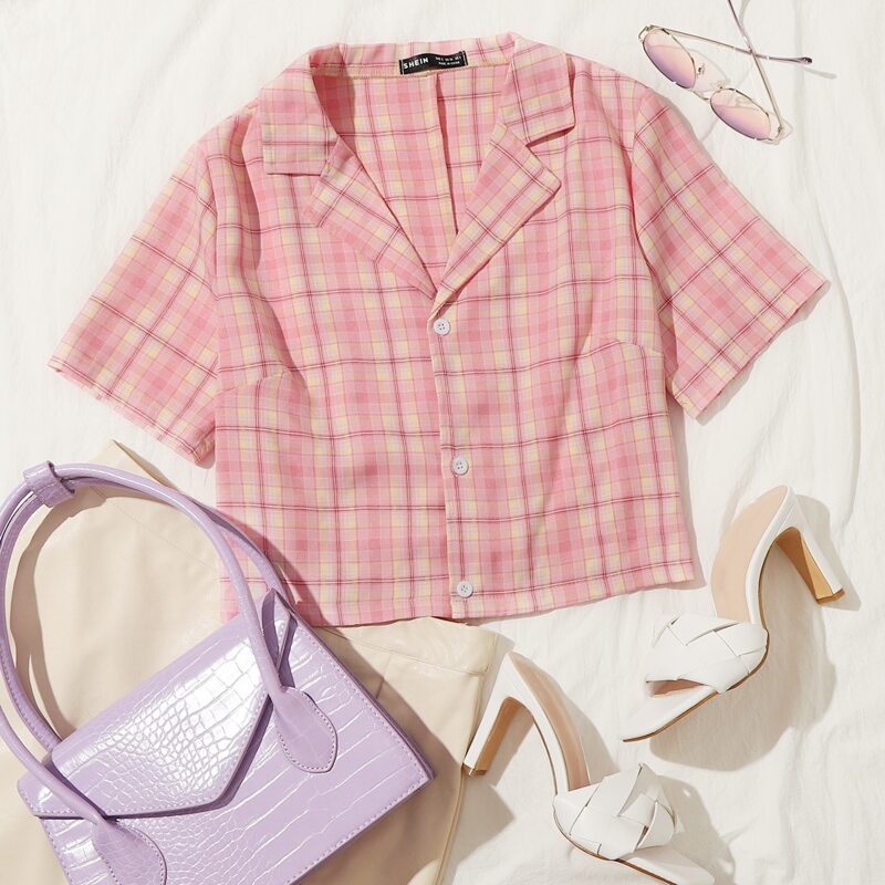 

Notched Collar Tartan Crop Blouse, Coral pink
