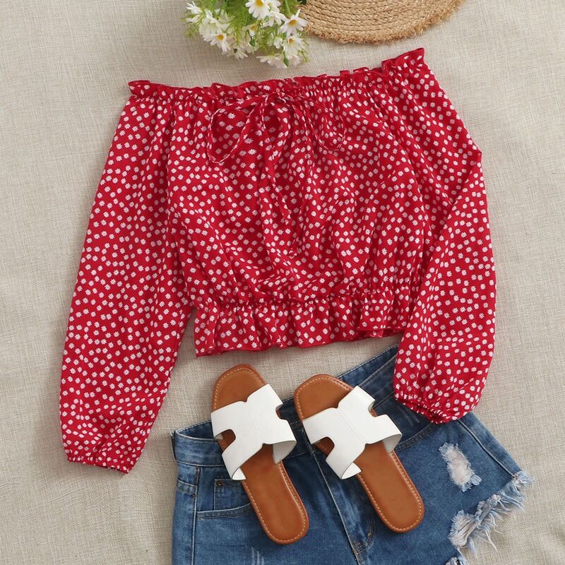 Ditsy Floral Frill Blouse, Red
