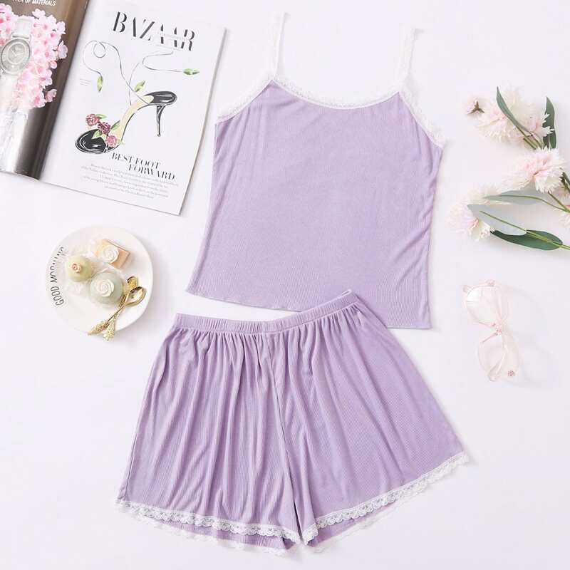 

Lace Trim Ribbed Shorts PJ Set, Pastel lilac purple