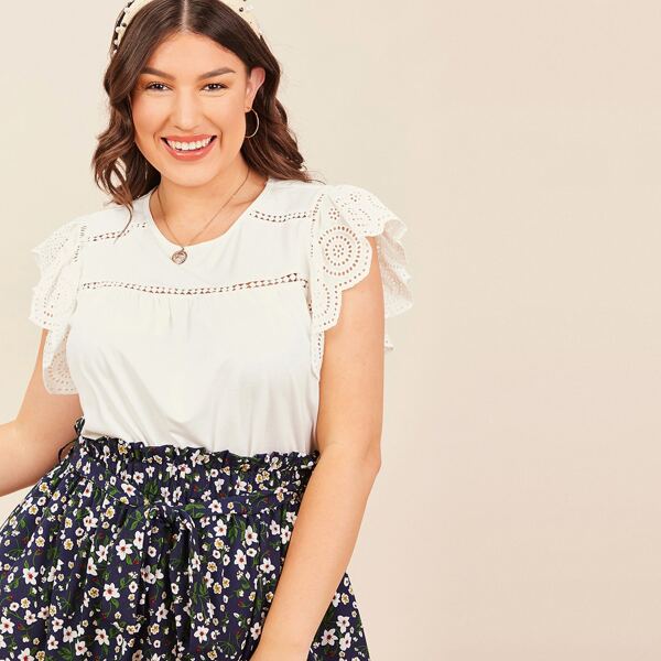 

Plus Lace Insert Eyelet Embroidered Ruffle Trim Top, White