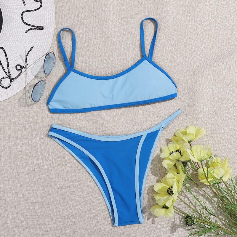 

Contrast Binding High Leg Bikini Swimsuit, Blue