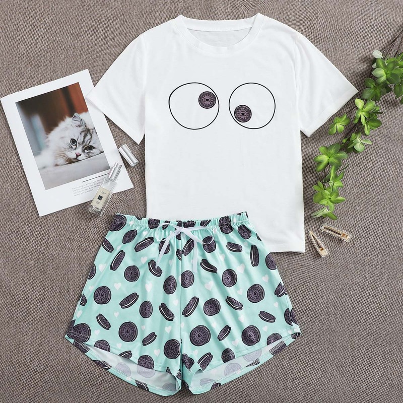 

Cookies Print Tie Front Pajama Set, Multicolor