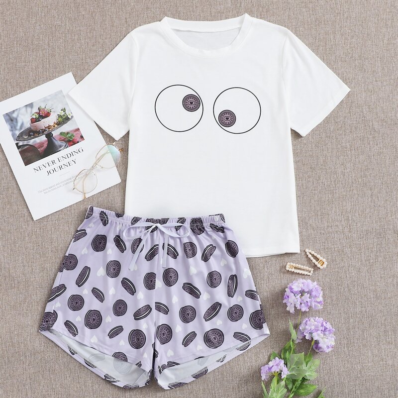 

Cookies Print Tie Front Pajama Set, Multicolor