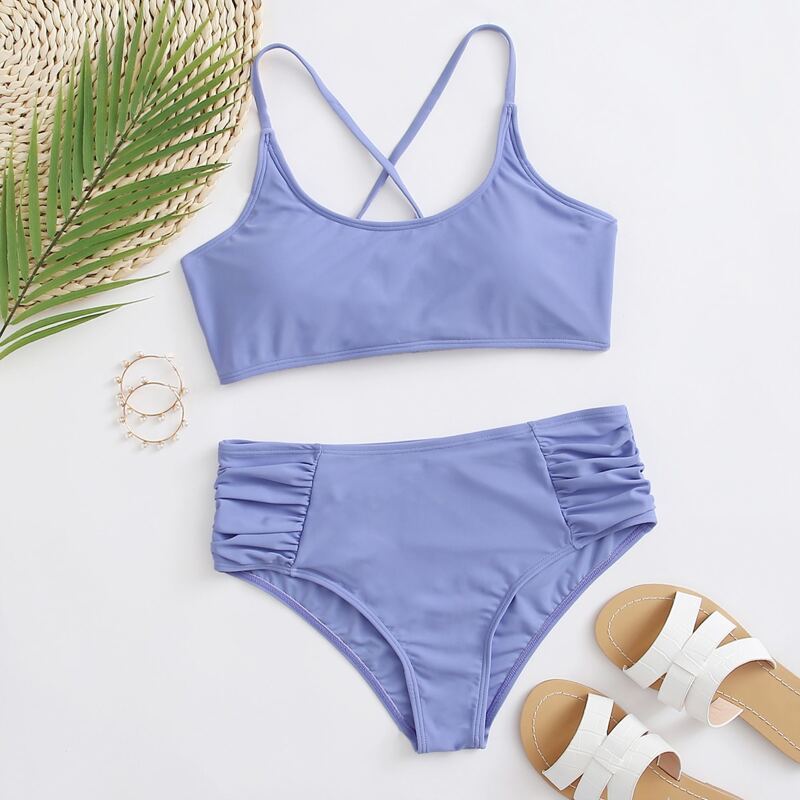 

Lace-up Ruched High Waist Bikini Swimsuit, Purple