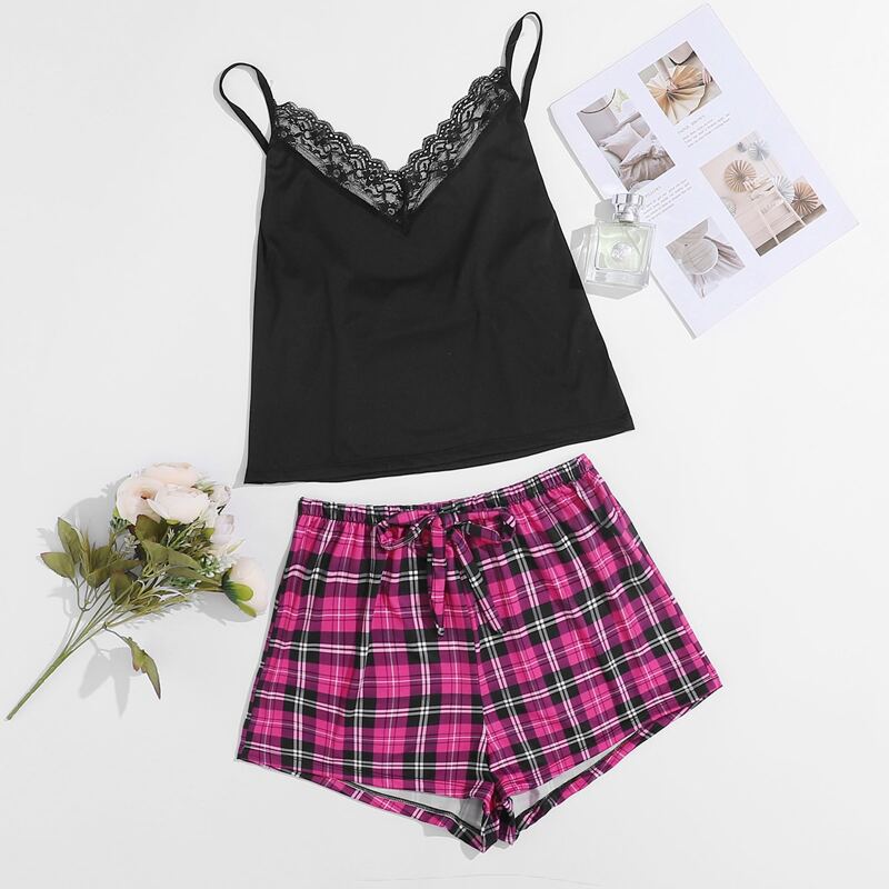 

Contrast Lace Cami Top With Tartan Plaid Shorts PJ Set, Multicolor