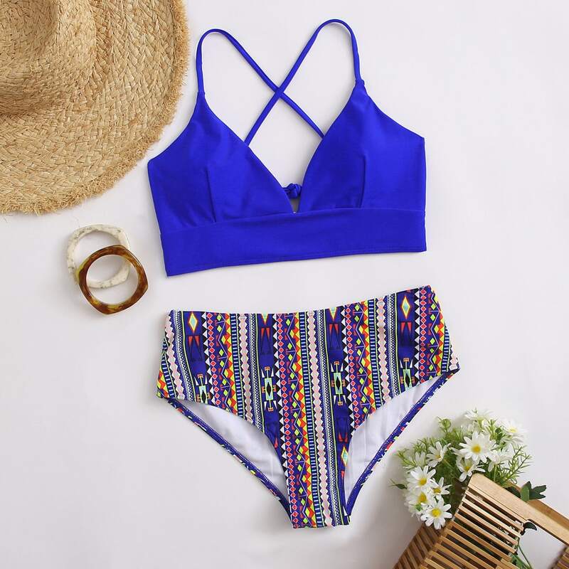 

Geometric Tie Back High Waist Bikini Swimsuit, Royal blue
