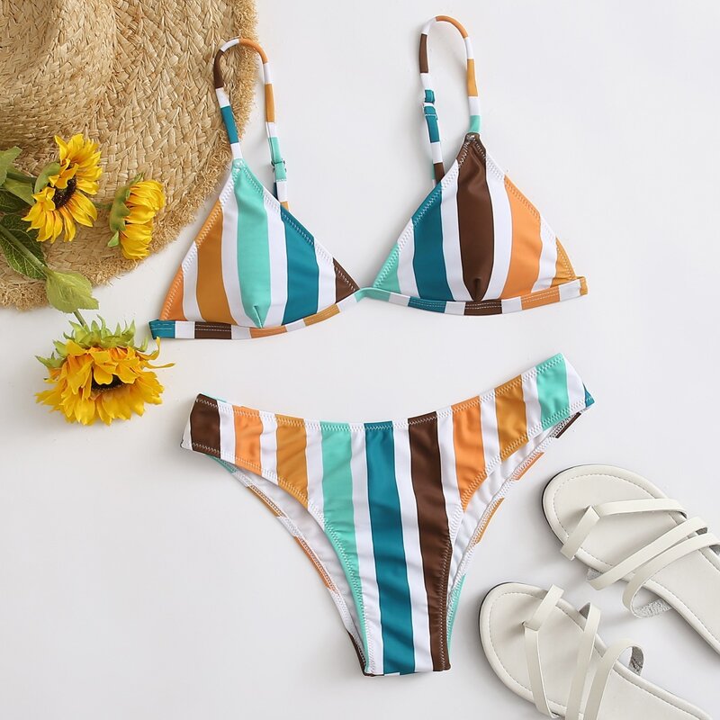 

Colorful Stripe Triangle Bikini Swimsuit, Multicolor