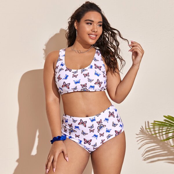 

Plus Butterfly Print High Waisted Bikini Swimsuit, Multicolor