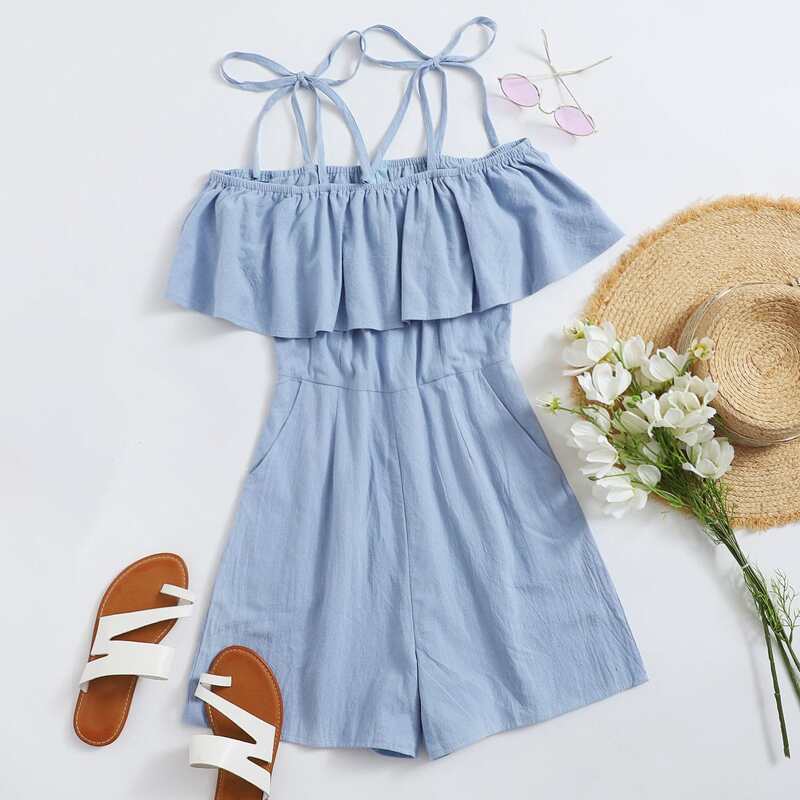

Solid Ruffle Cami Romper, Baby blue