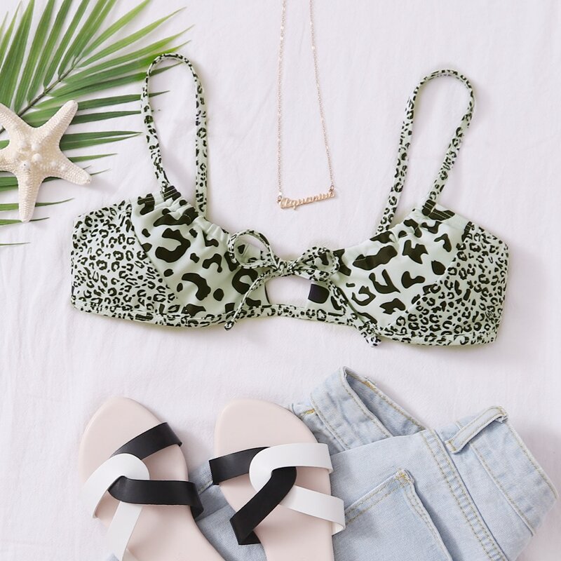 

Leopard Cut-out Tie Back Bikini Top, Mint green