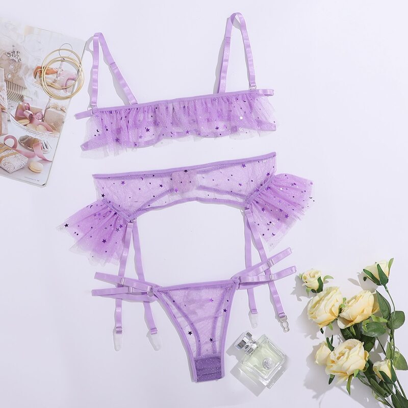 

Contrast Sequin Mesh Garter Lingerie Set, Lilac purple