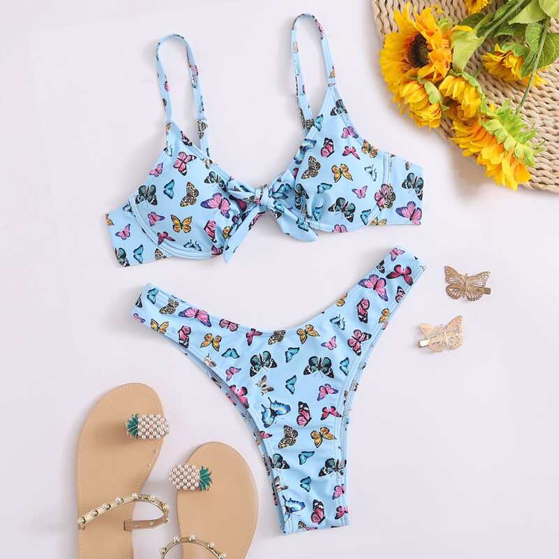 

Butterfly Underwire High Leg Bikini Swimsuit, Baby blue