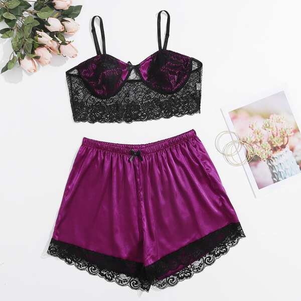 

Plus Floral Lace Underwire Bra & Satin Shorts, Multicolor