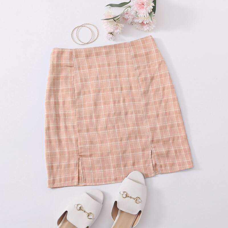 

Plaid Split Hem Skirt, Coral pink