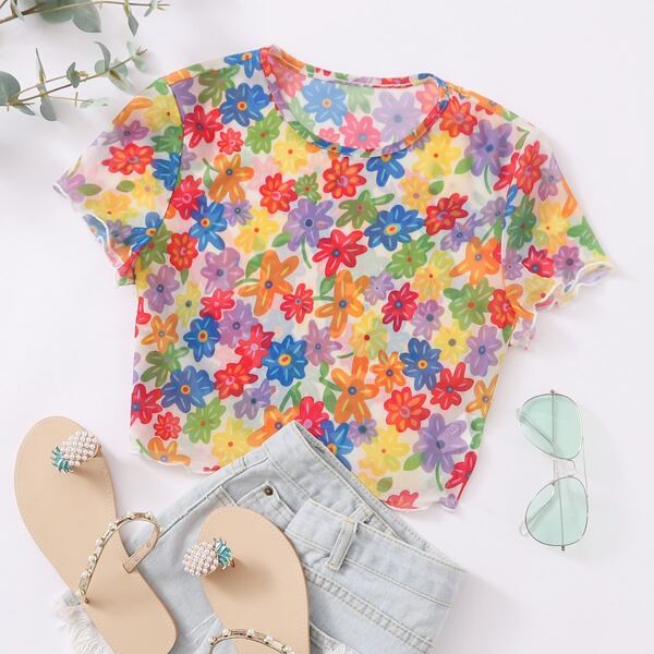 

Allover Floral Print Sheer Mesh Crop Top, Multicolor