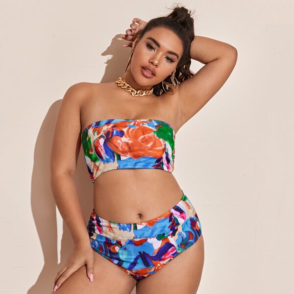 

Plus Oil Painting Bandeau Bikini Swimsuit, Multicolor