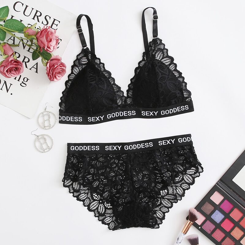 

Letter Tape Floral Lace Lingerie Set, Black