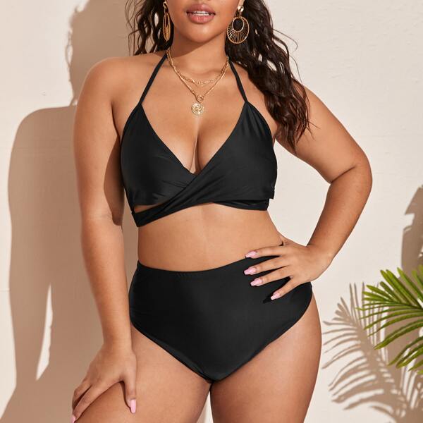 

Plus Wrap Halter Bikini Top, Black