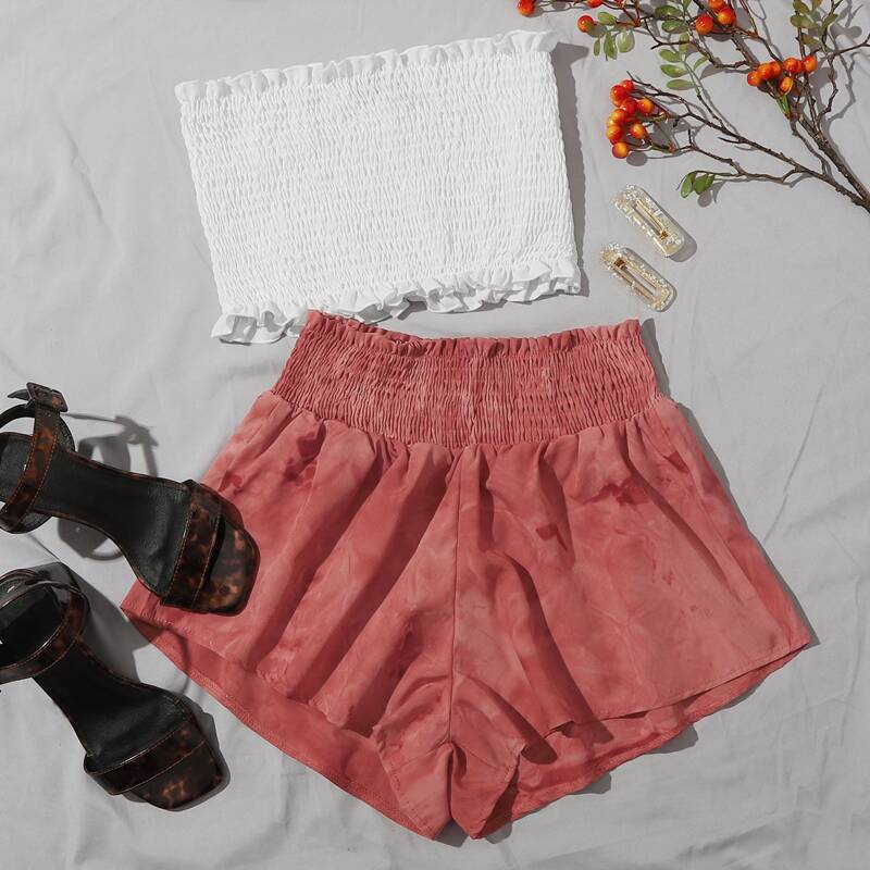 

Frill Trim Shirred Tube Top and Wide Leg Shorts Set, Multicolor