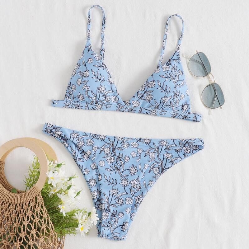 

Ditsy Floral Triangle Tanga Bikini Swimsuit, Baby blue