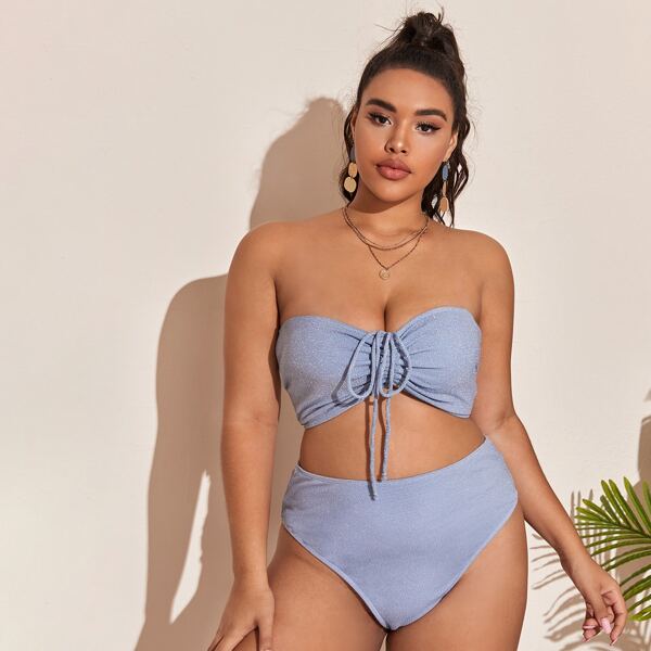 

Plus Glitter Drawstring Bandeau Bikini Swimsuit, Pastel dusty blue